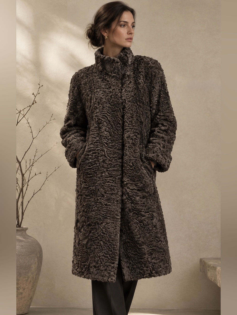 Gray Brown Karakul Real Lamb Fur Coat Midi Length Sz XL